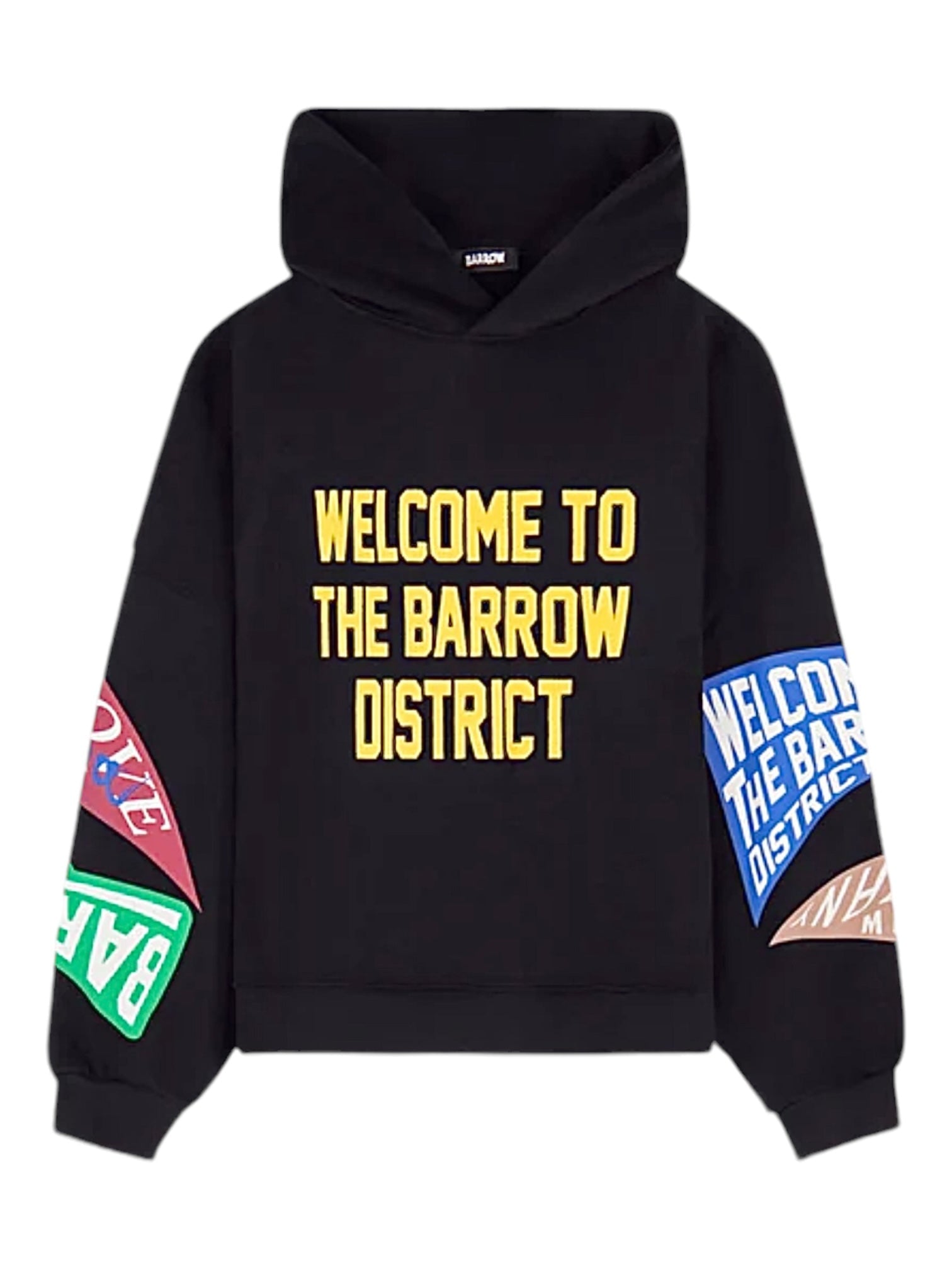 BARROW's Barrow F4bwuahs043 Hoodie Nero/Black features "WELCOME TO THE BARROW DISTRICT" in yellow on the front. It's made of 100% cotton with multicoloured print patches in red, green, and blue on the sleeves with similar text.