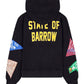The Barrow F4bwuahs043 Hoodie in Nero/Black features "STATE OF BARROW" in yellow on the back, multicoloured print patches with text (blue, red, green) on the sleeves, and a hood and long sleeves for a stylish look. 100% cotton by BARROW.