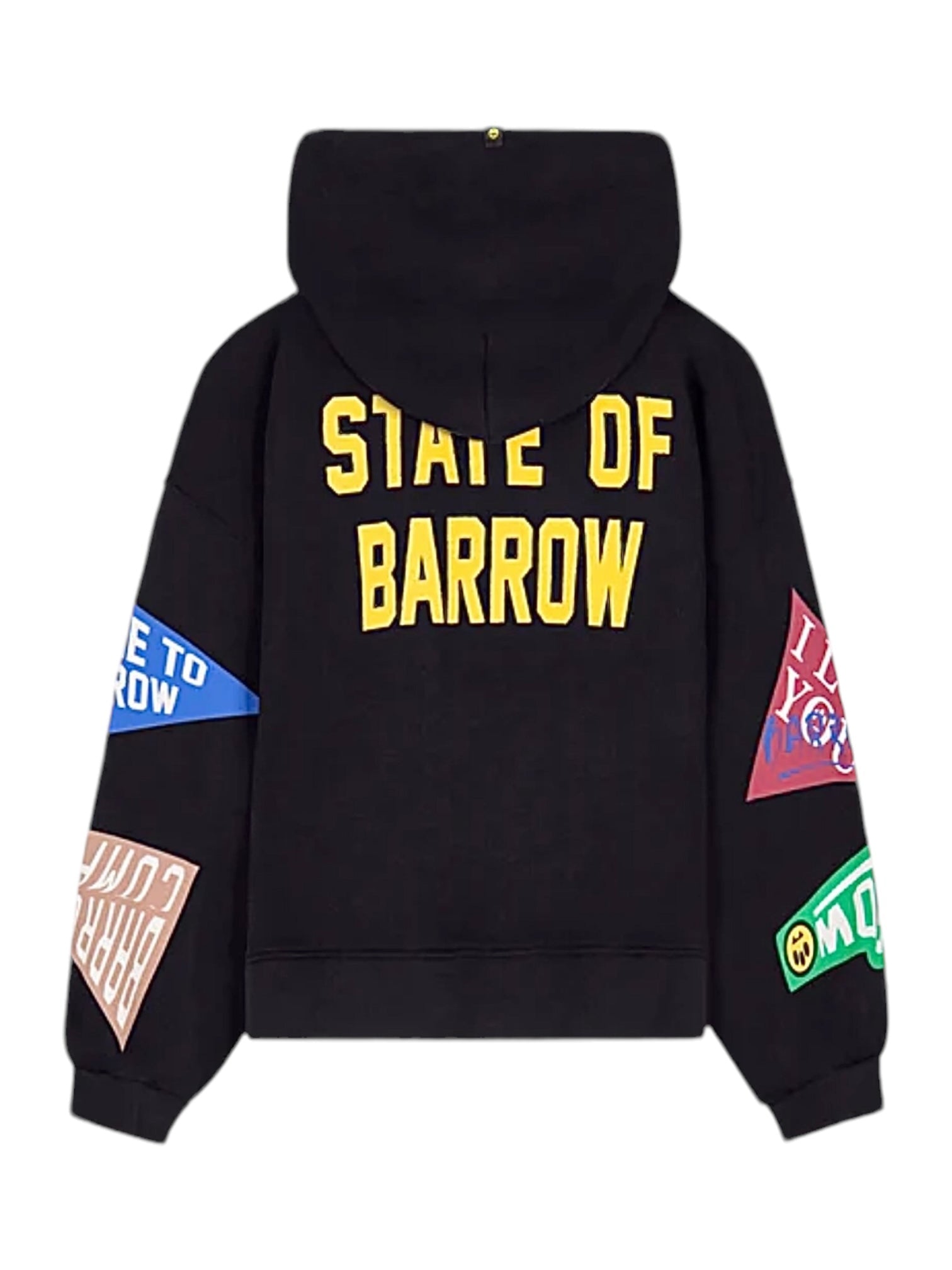 The Barrow F4bwuahs043 Hoodie in Nero/Black features "STATE OF BARROW" in yellow on the back, multicoloured print patches with text (blue, red, green) on the sleeves, and a hood and long sleeves for a stylish look. 100% cotton by BARROW.