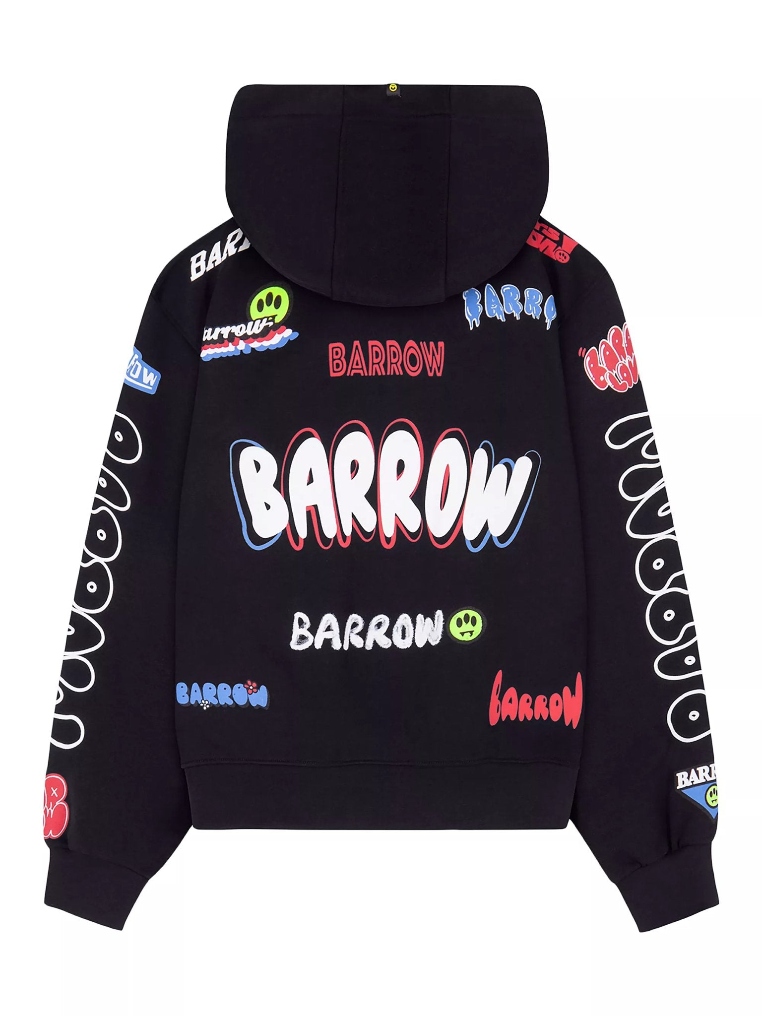 Back view of a black Barrow F4bwuahs044 Hoodie featuring colorful BARROW logos and designs with a hood, made from 100% cotton.