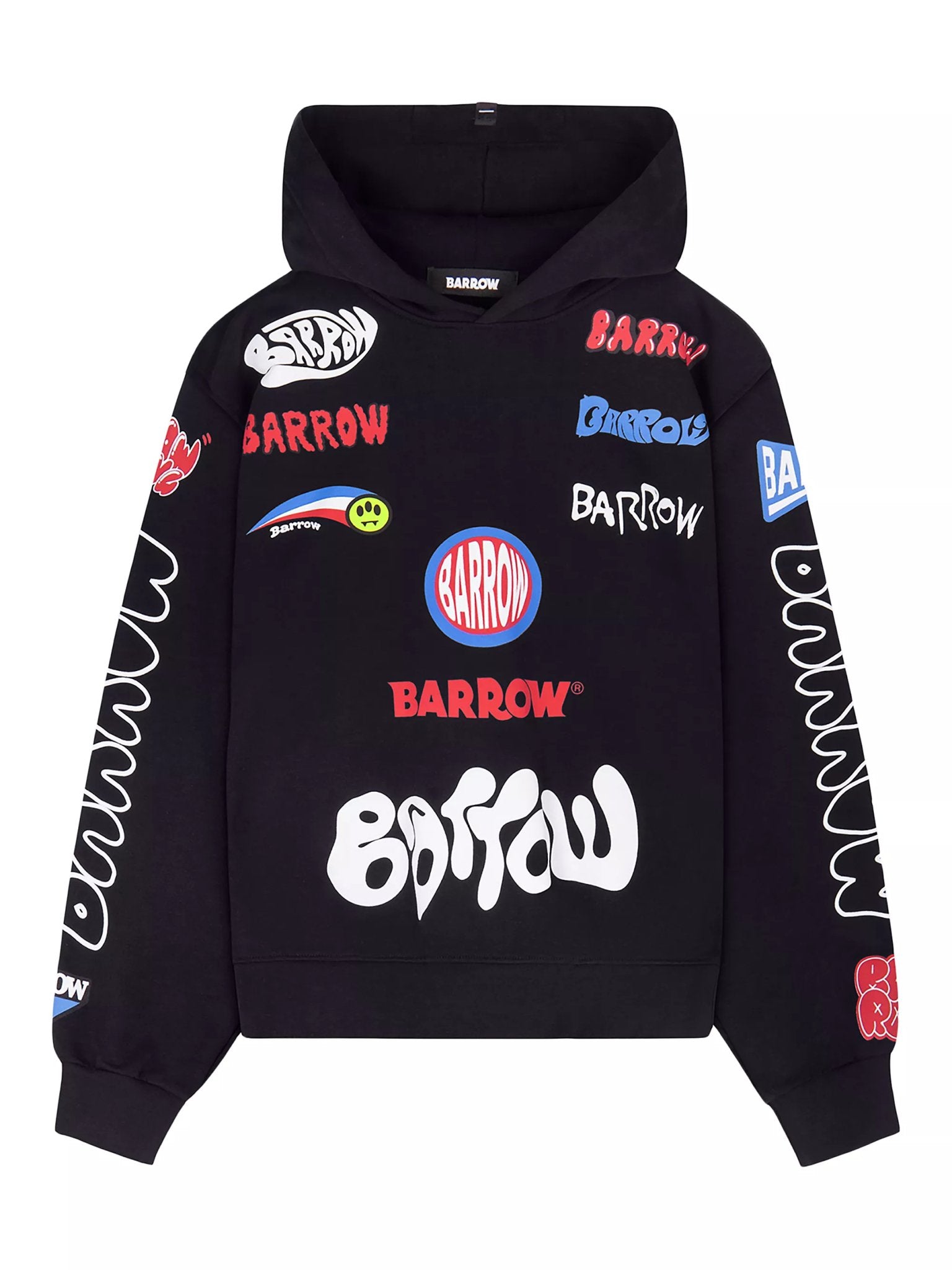 The Barrow F4bwuahs044 Hoodie by BARROW is black, made from 100% cotton, and adorned with colorful "Barrow" logos in different fonts and styles on the front, sleeves, and hood.