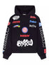 The Barrow F4bwuahs044 Hoodie by BARROW is black, made from 100% cotton, and adorned with colorful "Barrow" logos in different fonts and styles on the front, sleeves, and hood.