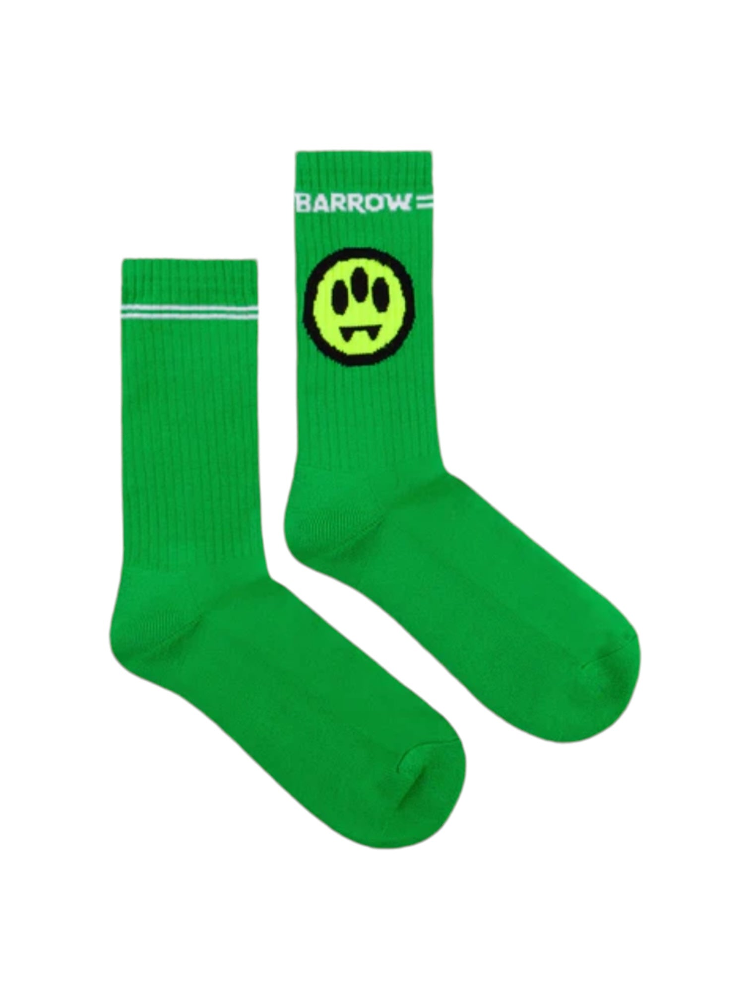 The Barrow F4bwuaso022 Socks in Fern Green by BARROW are adorned with white top stripes, a vibrant yellow smiley face logo with three eyes, and the "BARROW" jacquard lettering, adding style to these unique monochrome socks.