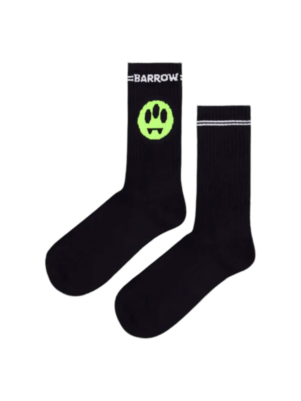 Barrow F4bwuaso022 socks feature a black monochrome design with a green smiley and fangs on one, jacquard logo, two white stripes, and "BARROW" text near the top.