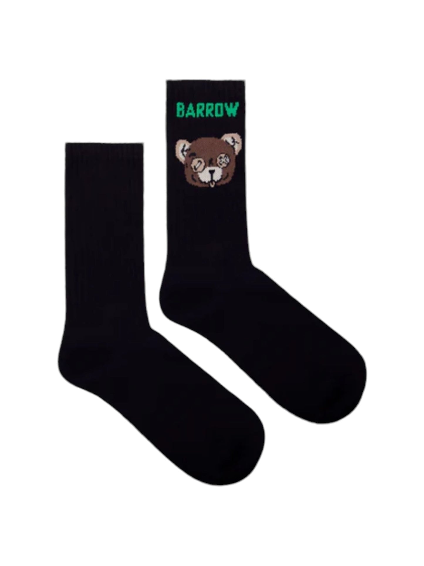 These Barrow F4bwuaso023 socks in black feature a jacquard bear face and bright green "BARROW" text, encapsulating the essence of the Barrow logo on one sock.