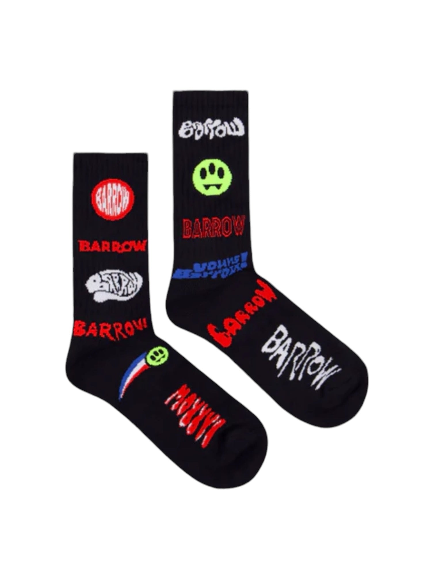 The Barrow F4bwuaso024 Sock Nero/Black by BARROW features two black socks with vibrant red, white, blue, and green graphic designs of logos, text, and symbols. Crafted in patch jacquard for a unique texture that captures the essence of Barrow's multicolor artistry.