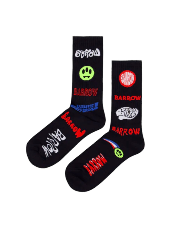 The Barrow F4bwuaso024 Sock in Nero/Black features patch jacquard designs with colorful logos, including the iconic Barrow multicolor smiley faces and text in vibrant red, blue, and white.