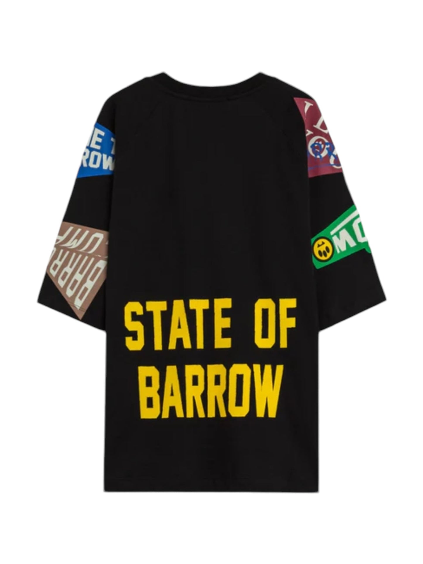 This Barrow F4BWUATH069 T-shirt Nero/Blk from BARROW is made entirely of cotton and features "STATE OF BARROW" in yellow lettering on the back. The sleeves are adorned with colorful patches and various designs, capturing the essence of a classic college T-shirt style.