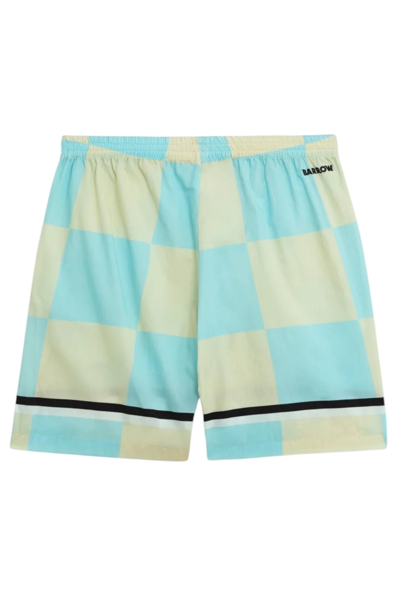 Barrow S5BWUABE074 Popeline Shorts by BARROW in light blue with beige checkered pattern, featuring black horizontal stripes near the hem and an elastic waistband for comfort.