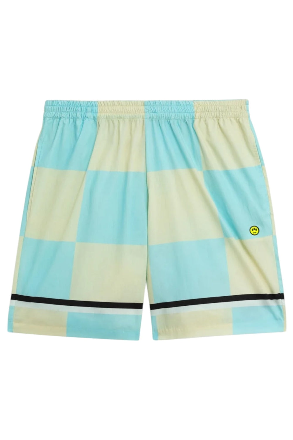 The Barrow S5BWUABE074 Popeline Shorts by BARROW feature a blue and beige checkered pattern with a small smiley face logo. Black stripes near the hem offer contrast, while the multicolored fabric adds flair. An elasticizzata waistband ensures comfort and mobility.