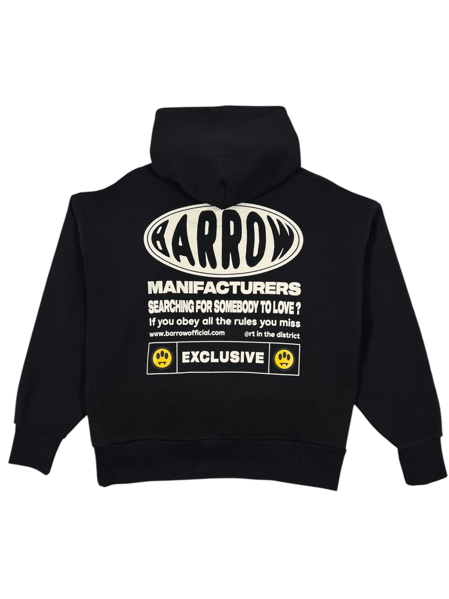 The Barrow S5BWUAHS063 Unisex Hoodie in Nero/Black is made from 100% cotton, featuring a bold "Barrow" logo and manufacturer text with a website link on the back. It includes two yellow paw prints at the bottom for added flair.