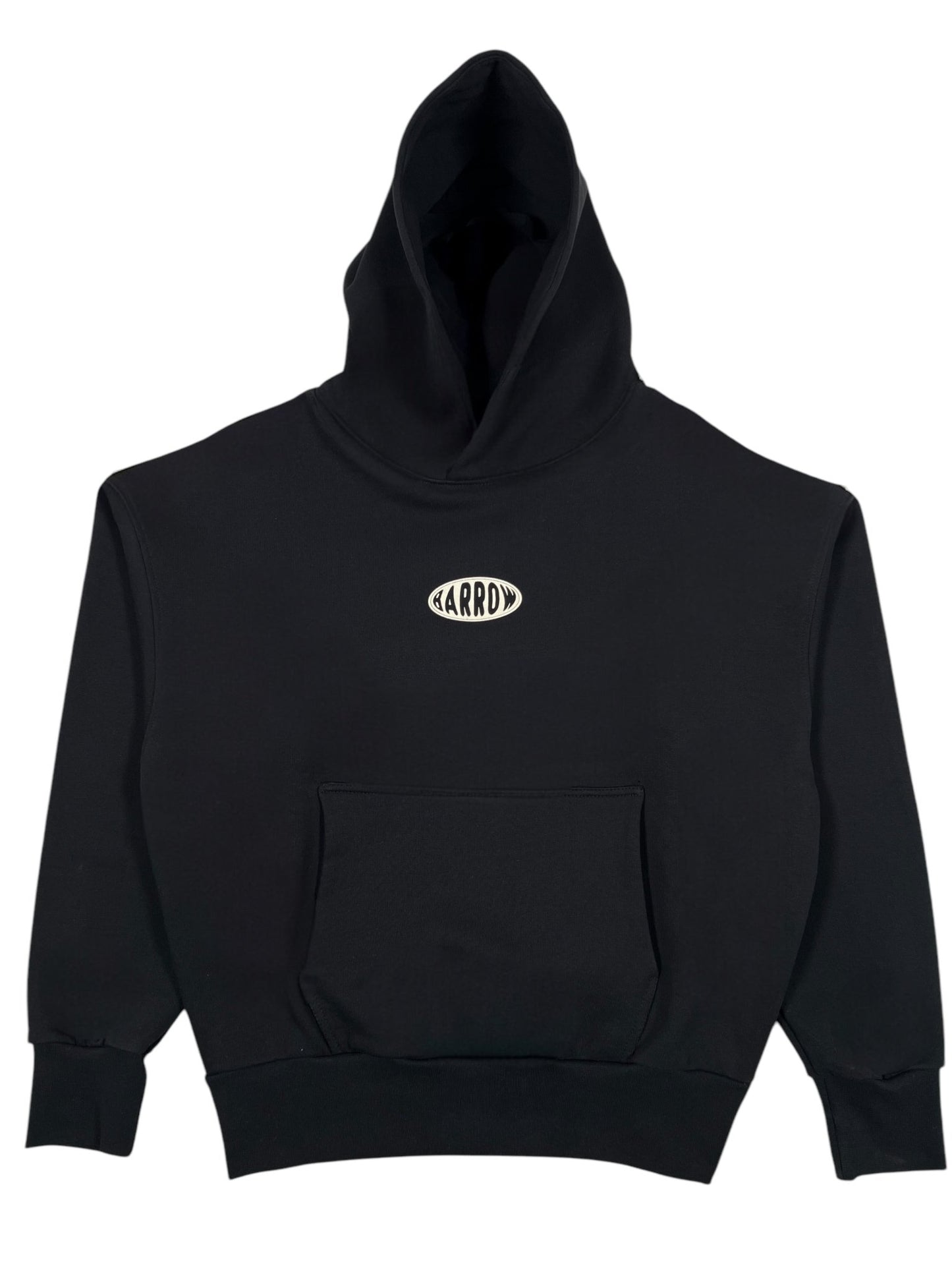 The Barrow S5BWUAHS063 unisex hoodie in black by BARROW is made from 100% cotton, with a front pocket and a small oval "LARRD" logo in crisp white.