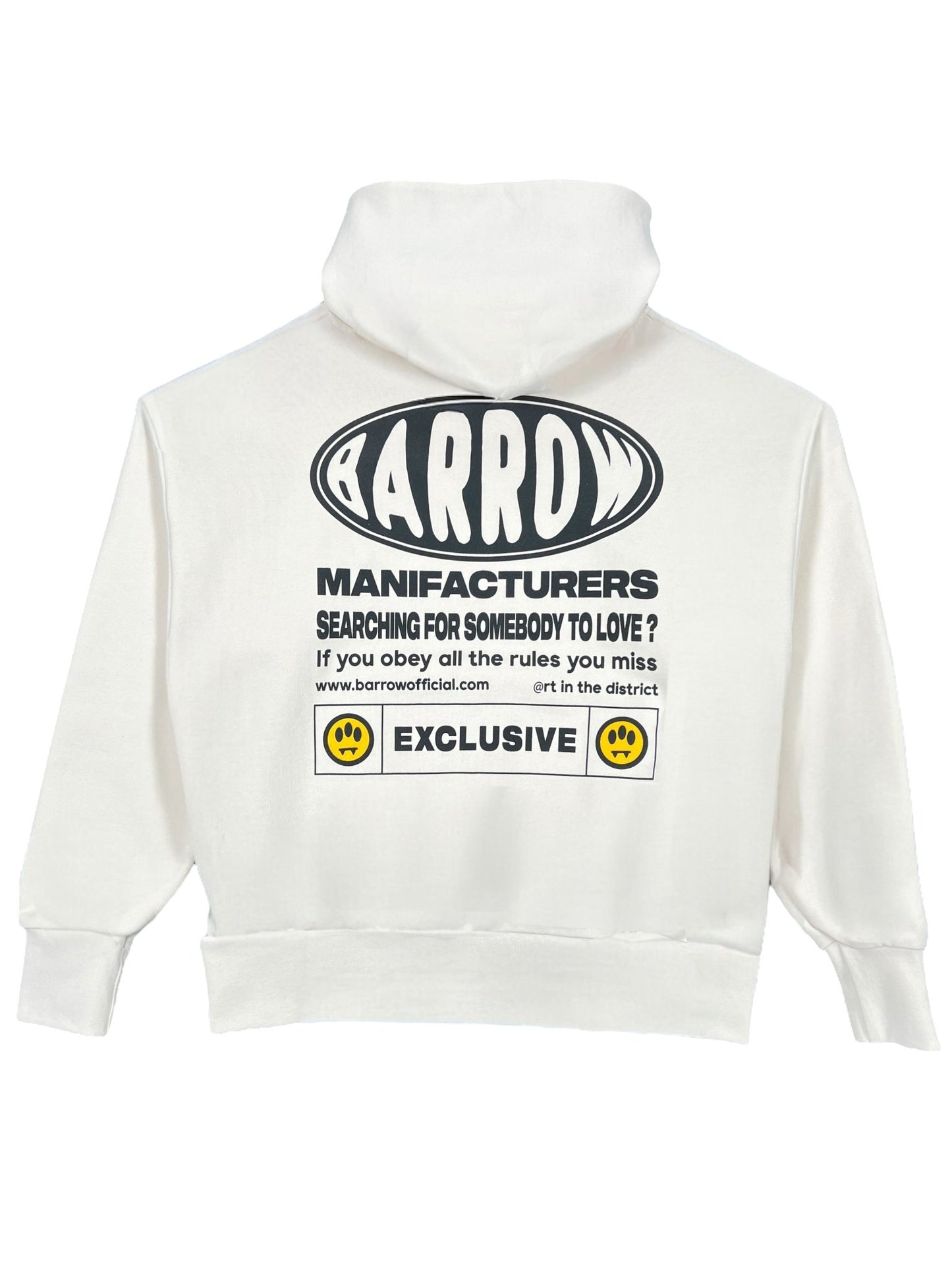 The Barrow S5BWUAHS063 Unisex Hoodie in vanilla from BARROW features the text "BARROW MANUFACTURERS" and two smiley face icons on the back.