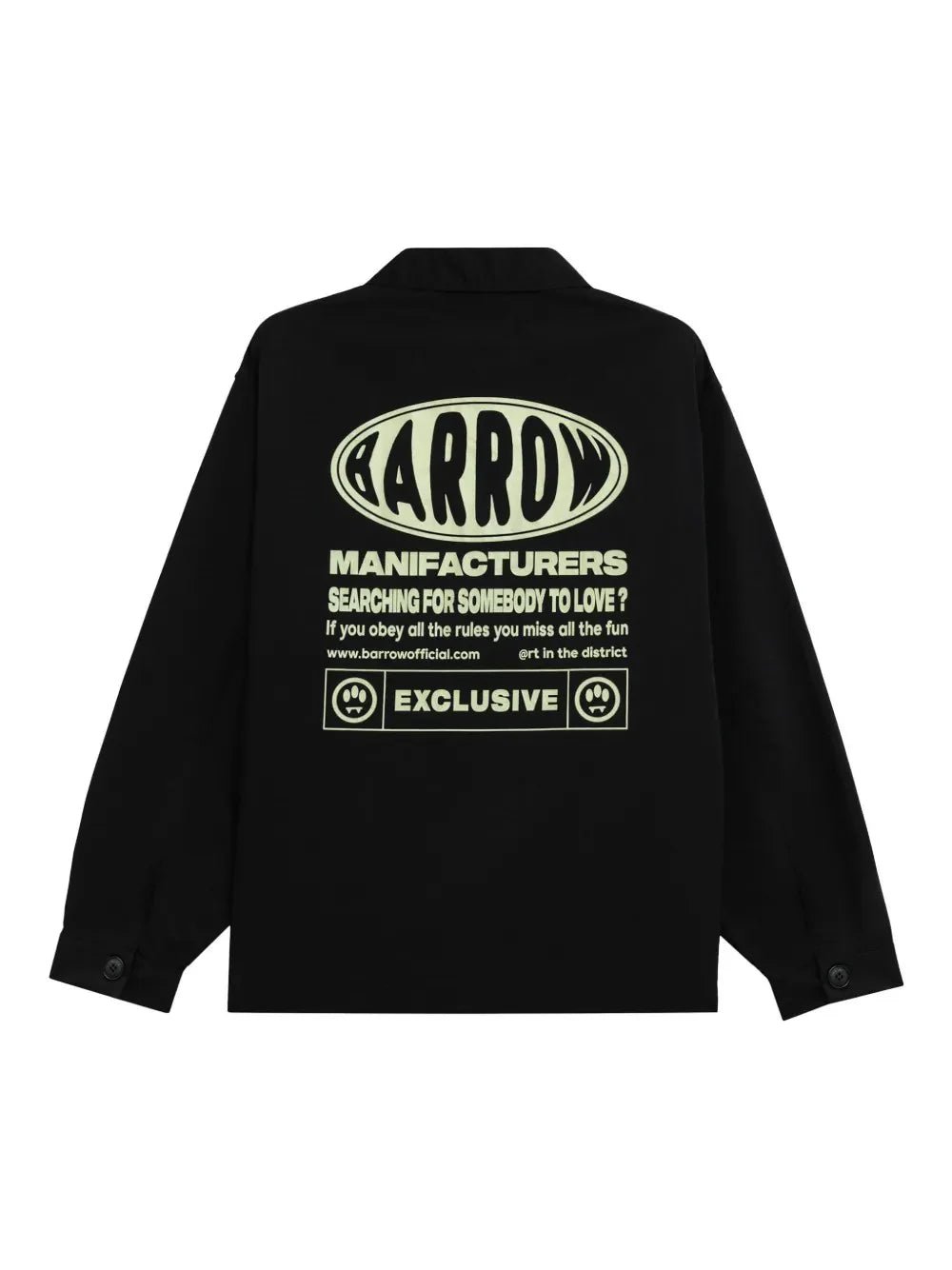 The BARROW S5BWUAJK065 unisex jacket in black features a large green "BARROW" logo and bold back print with "Searching for somebody to love?." Ideal for adding urban style to your wardrobe.