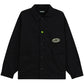 The BARROW S5BWUAJK065 Jacket Unisex Nero/Black is an urban-style nylon jacket featuring a pointed collar, front pockets, button-up closure, a green logo patch on the chest, and a small green smiley face button.