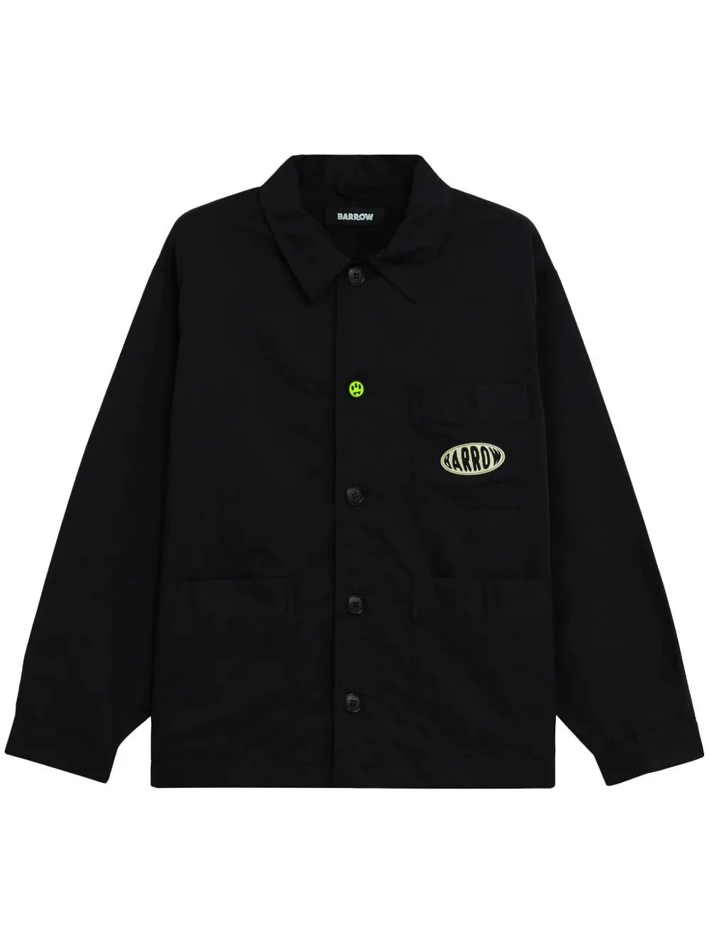 The BARROW S5BWUAJK065 Jacket Unisex Nero/Black is an urban-style nylon jacket featuring a pointed collar, front pockets, button-up closure, a green logo patch on the chest, and a small green smiley face button.