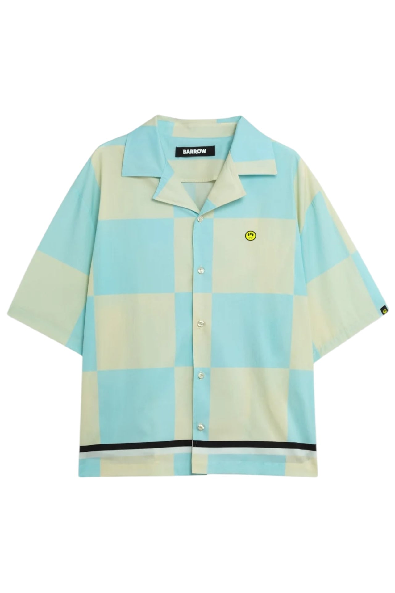 The BARROW S5BWUASI075 Popeline Shirt Vanilla is a short-sleeve, regular-fit button-up featuring a large light blue and beige checkered pattern with a small yellow smiley face emblem on the left side and black trim at the bottom.