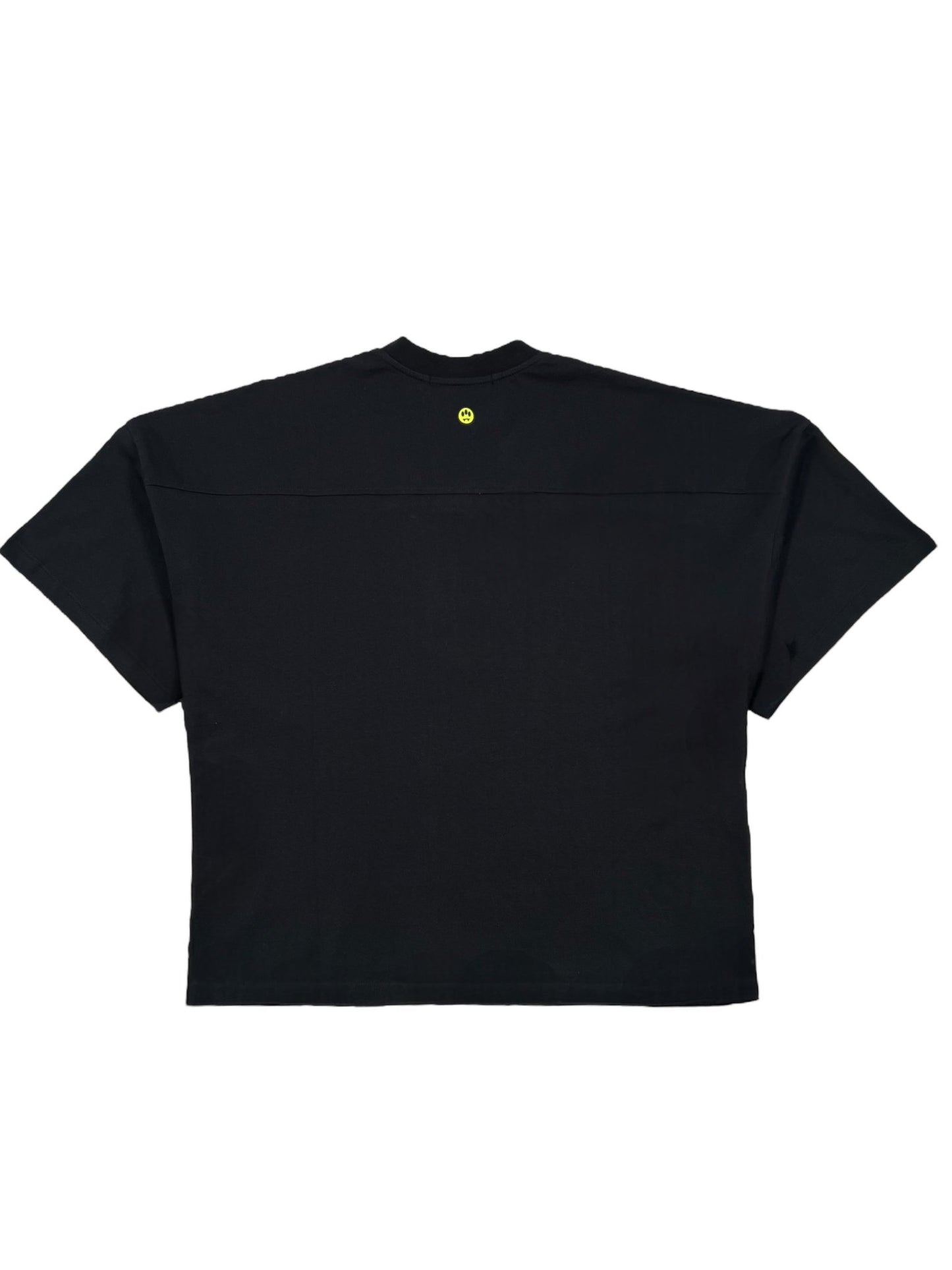 The Barrow S5BWUATH022 Jersey T-shirt in black, designed by BARROW, is made from 100% cotton and displayed on a white background. It has a small yellow smiley face graphic at the back near the collar for a playful touch.