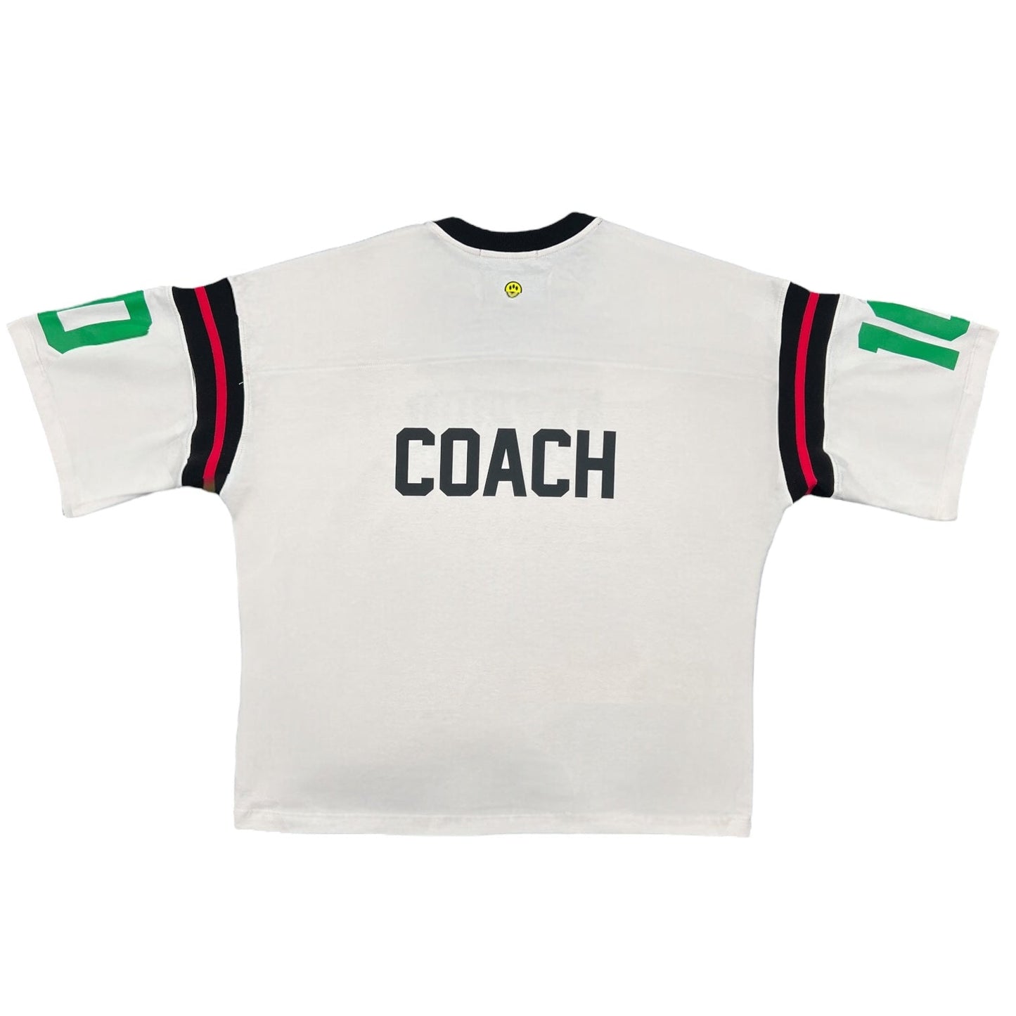 The Barrow S5BWUATH032 Jersey T-shirt by BARROW is crafted from 100% cotton with "COACH" in bold black on the back. The sleeves are decorated with green numbers and red-black stripes, creating a classic yet vibrant look for sports enthusiasts.