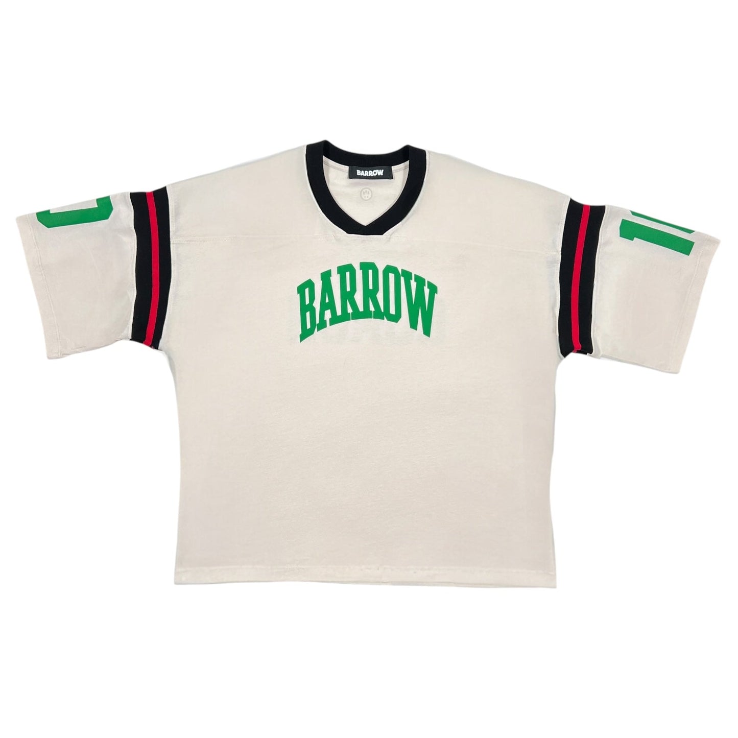 The Barrow S5BWUATH032 Jersey T-shirt Vanilla from BARROW is a white, 100% cotton short-sleeve jersey with "BARROW" in green on the chest, and green and black striped detailing on the sleeves.