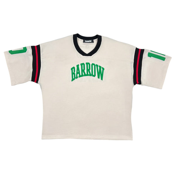 The Barrow S5BWUATH032 Jersey T-shirt Vanilla from BARROW is a white, 100% cotton short-sleeve jersey with "BARROW" in green on the chest, and green and black striped detailing on the sleeves.