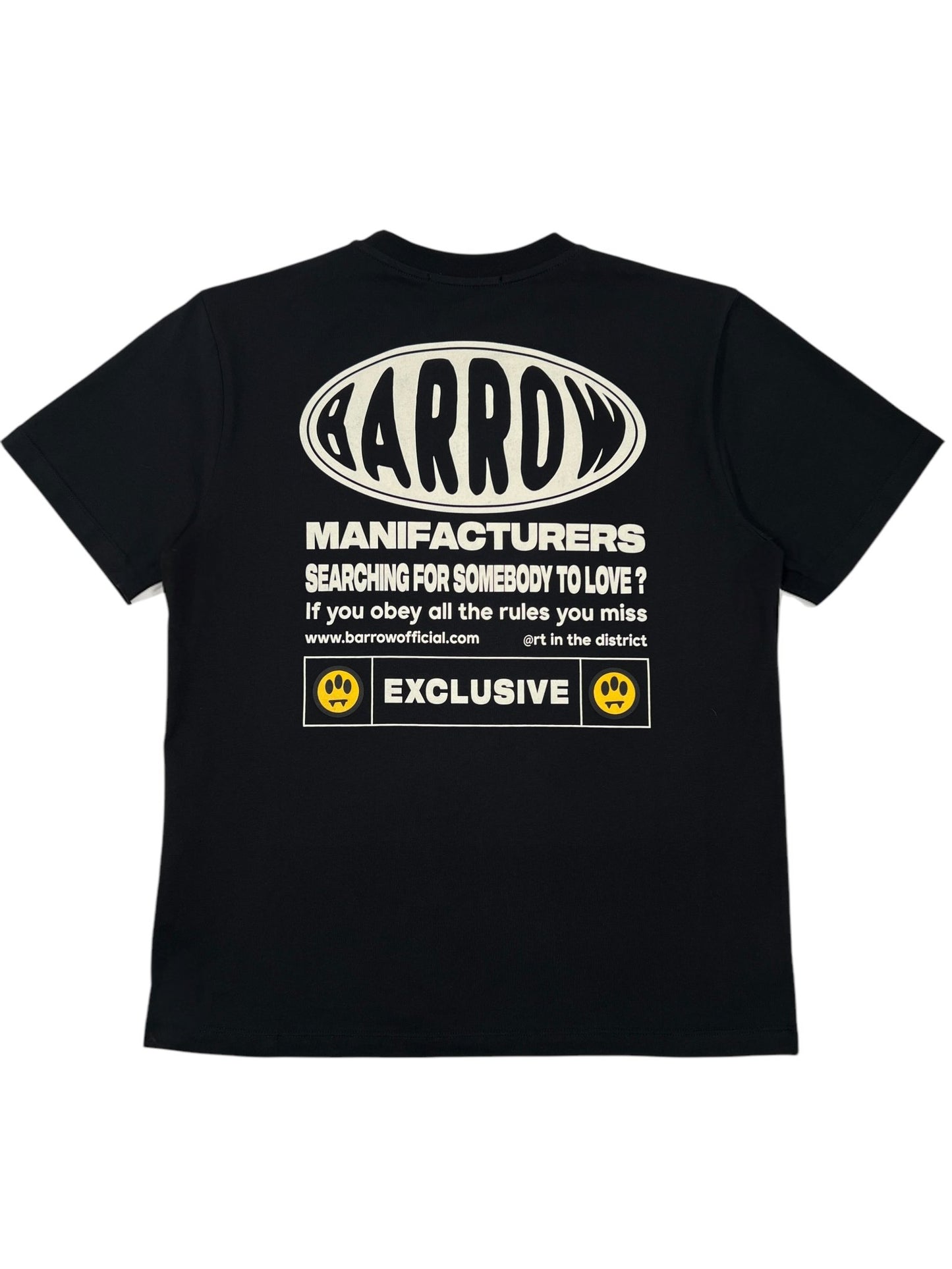 The Barrow S5BWUATH066 Jersey T-shirt in Black, featuring the BARROW logo and text "Manufacturers searching for somebody to love? If you obey all the rules you miss all the fun," is crafted from 100% cotton and made exclusively in Italy.