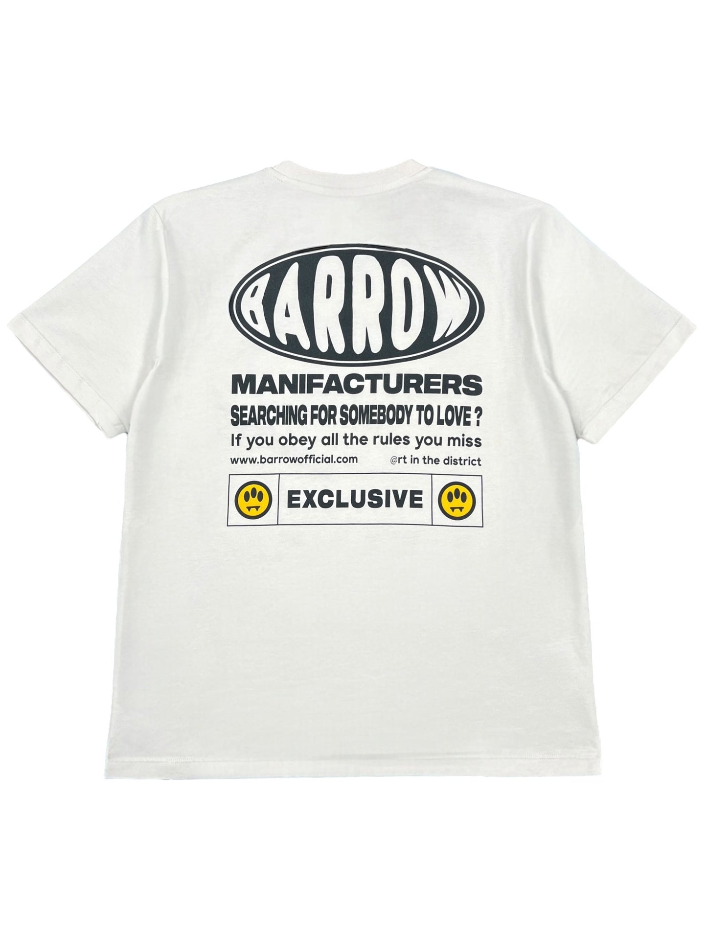 The Barrow S5BWUATH066 Jersey T-shirt in vanilla features black and yellow "BARROW," "MANUFACTURERS," and "EXCLUSIVE" graphics on the back. It's expertly crafted from 100% cotton, combining style with quality.