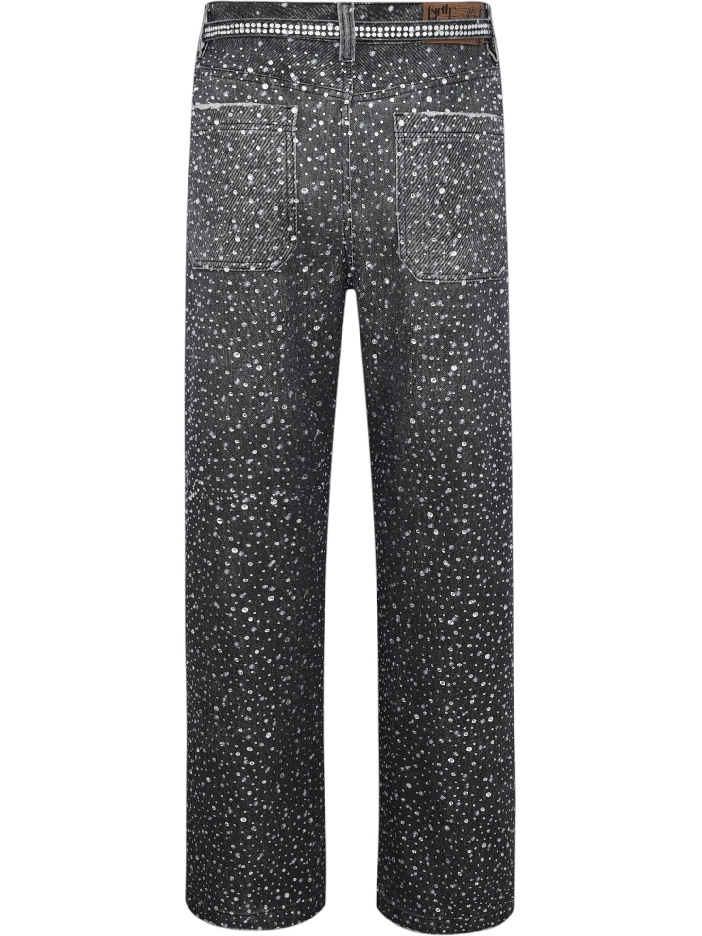 Rear view of the BIRTH OF ROYAL CHILD BC24FWPT06 Diamond Boro Black jeans: 100% cotton with a white speckled pattern, straight-leg cut, two back pockets, and belt loops.