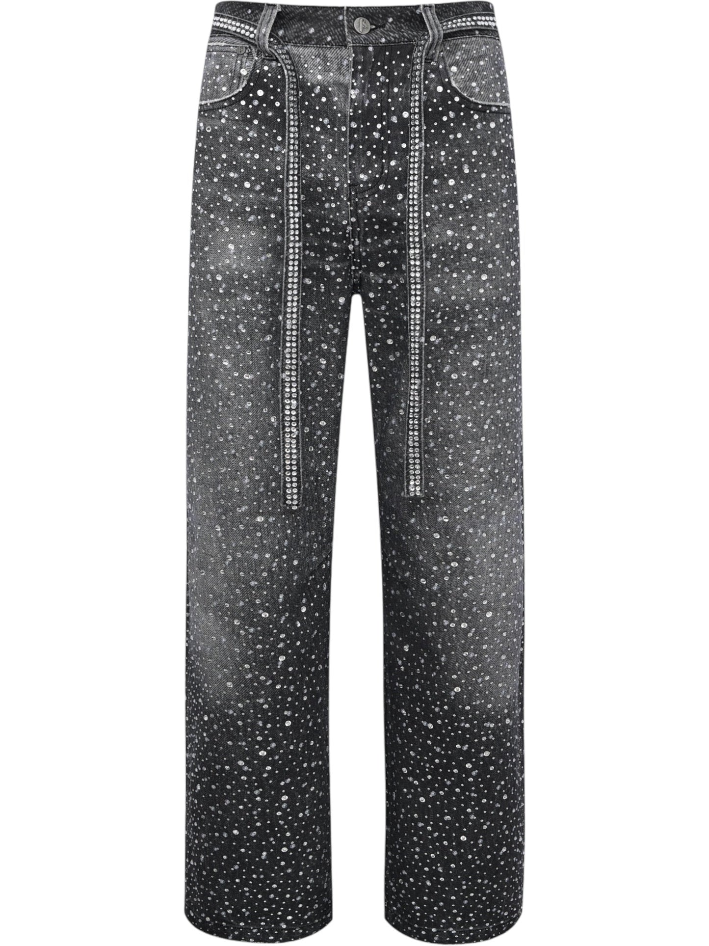 BIRTH OF ROYAL CHILD’s Birth Of Royal Child BC24FWPT06 Diamond Boro Black are black wide-leg jeans with a white speckled pattern, contrast stitching, a matching fabric belt, and made from 100% cotton for comfort and style.