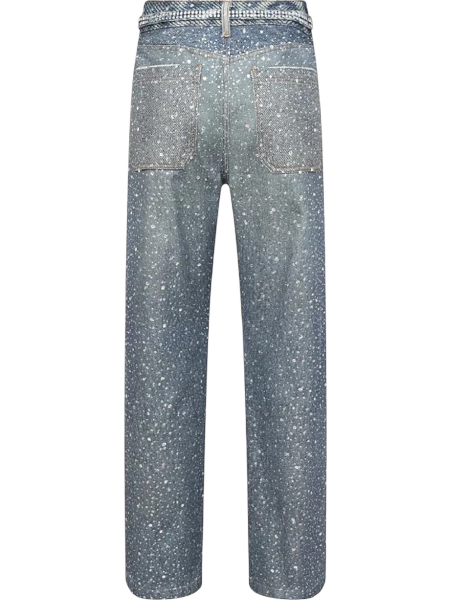 Back view of BIRTH OF ROYAL CHILD Birth Of Royal Child BC24SSPT05 Diamond Boro In Blue jeans, made from Japanese cotton with a splatter paint design and two rear pockets.