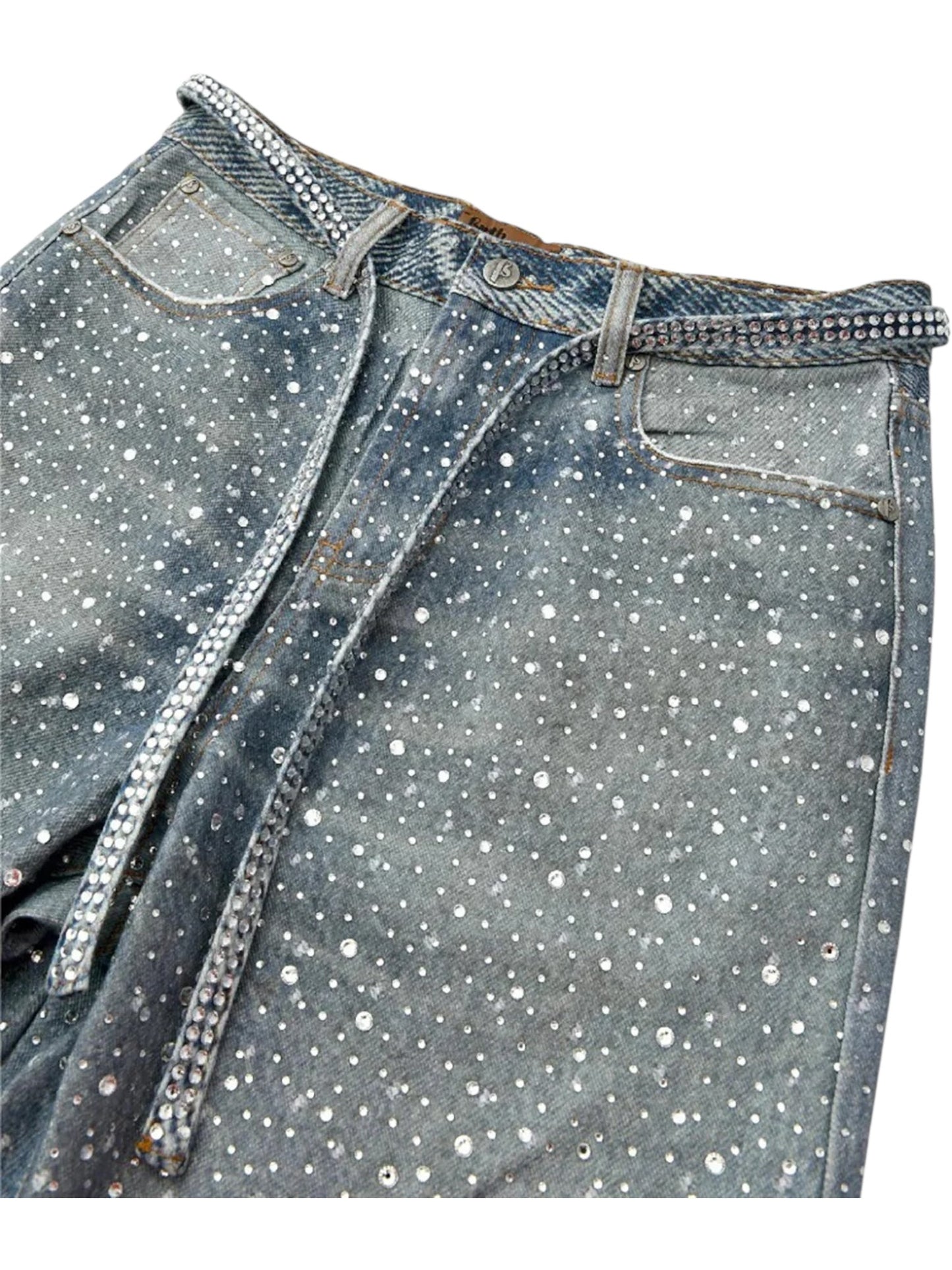 The Birth Of Royal Child BC24SSPT05 Diamond Boro In Blue by BIRTH OF ROYAL CHILD features faded blue vintage 501 jeans adorned with silver rhinestones and a matching rhinestone belt, shown on a white background.