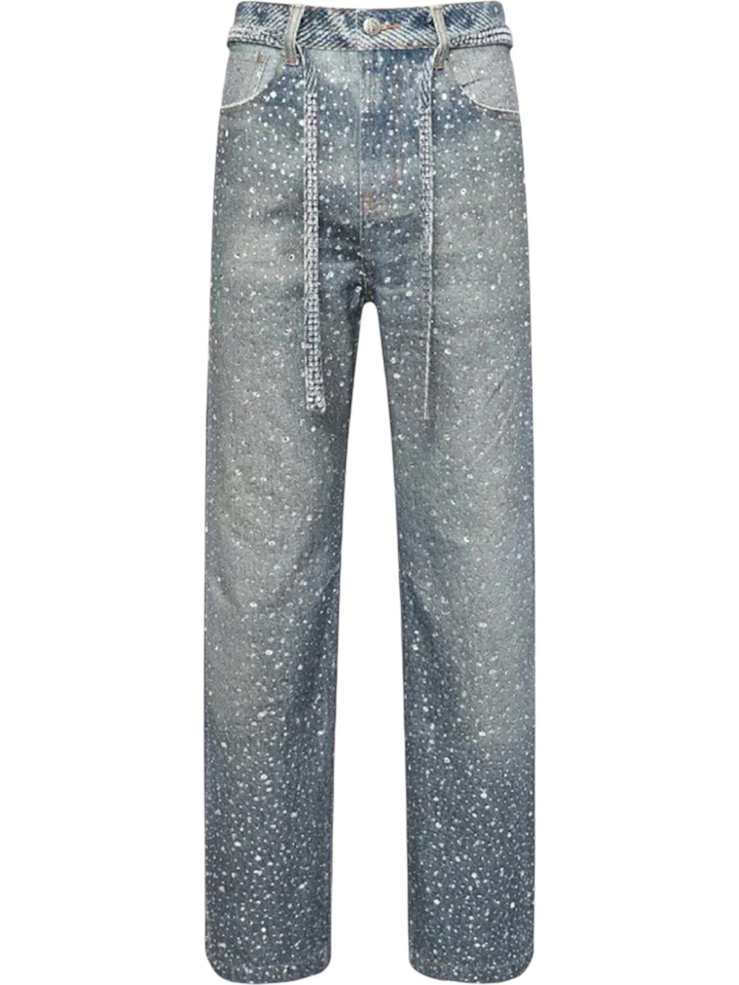 The Birth Of Royal Child BC24SSPT05 Diamond Boro In Blue jeans by BIRTH OF ROYAL CHILD feature straight legs, a white speckled pattern, premium Japanese cotton, and a braided drawstring belt at the waist.