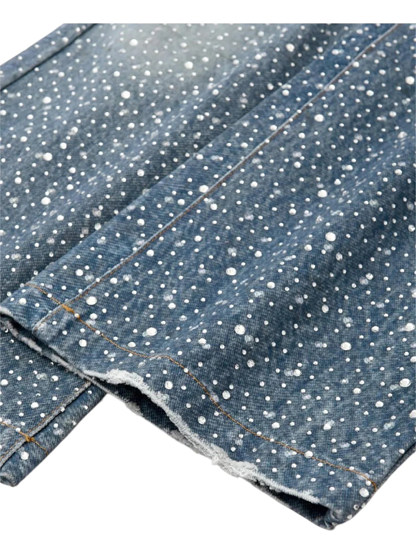 Close-up of BIRTH OF ROYAL CHILD Birth Of Royal Child BC24SSPT05 Diamond Boro In Blue: Japanese cotton denim with white paint splatter pattern and visible orange hem stitching.