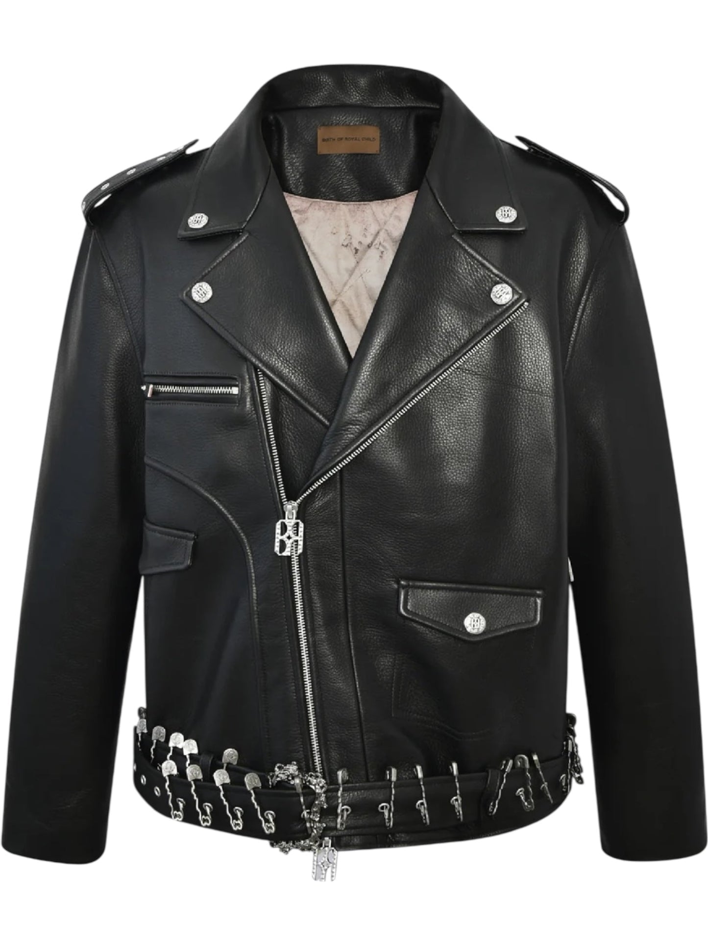 The BIRTH OF ROYAL CHILD Birth Of Royal Child BC25SSJK09 Pin Detail Leather Jacket Black features full-grain leather, silver hardware, multiple zippers, snap buttons, and safety pins for a bold biker-inspired look.