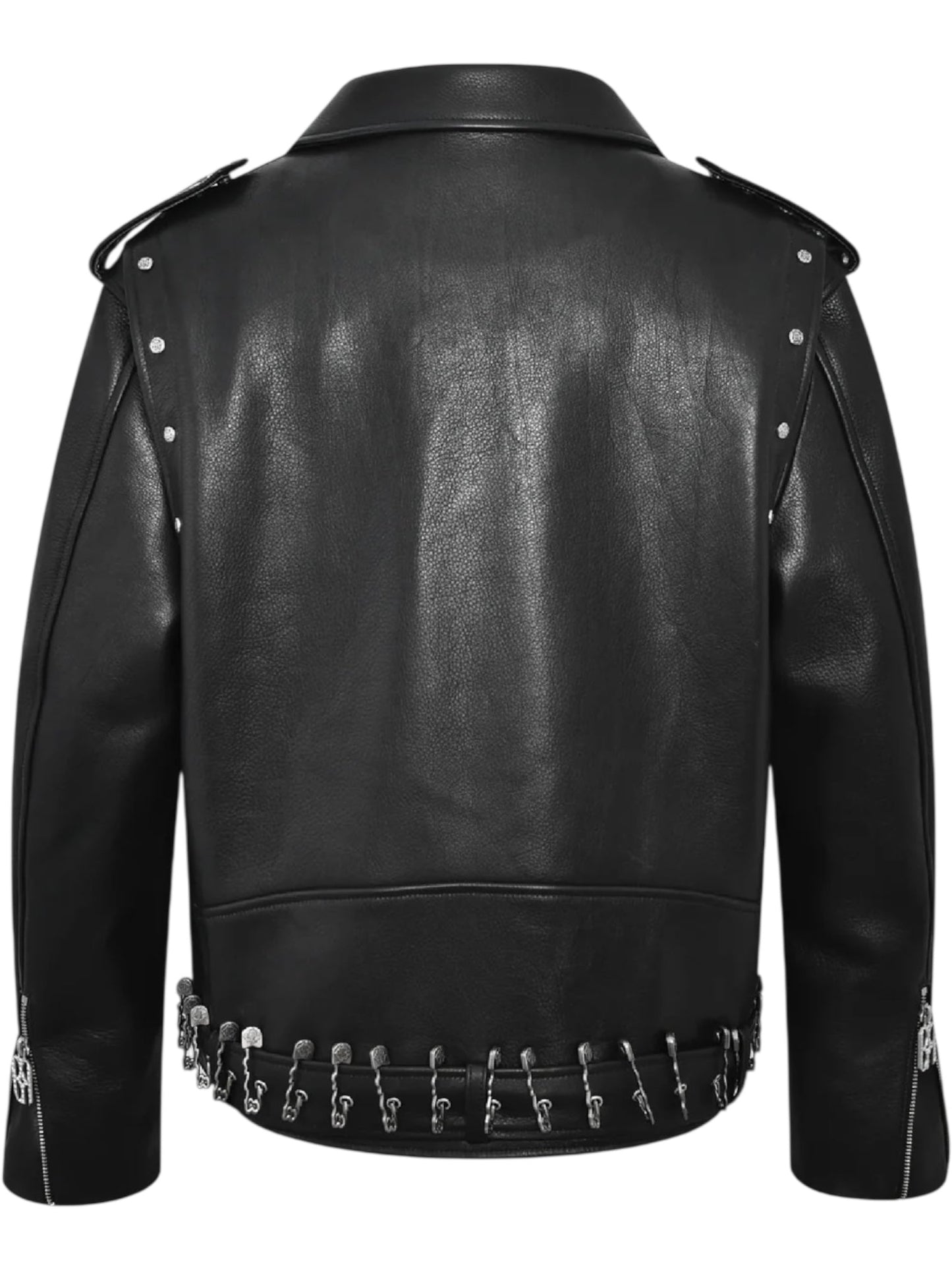 The BIRTH OF ROYAL CHILD Birth Of Royal Child BC25SSJK09 Pin Detail Leather Jacket Black features metallic accents and safety pins along the hem, creating a bold, motorcycle-inspired style when viewed from the back.