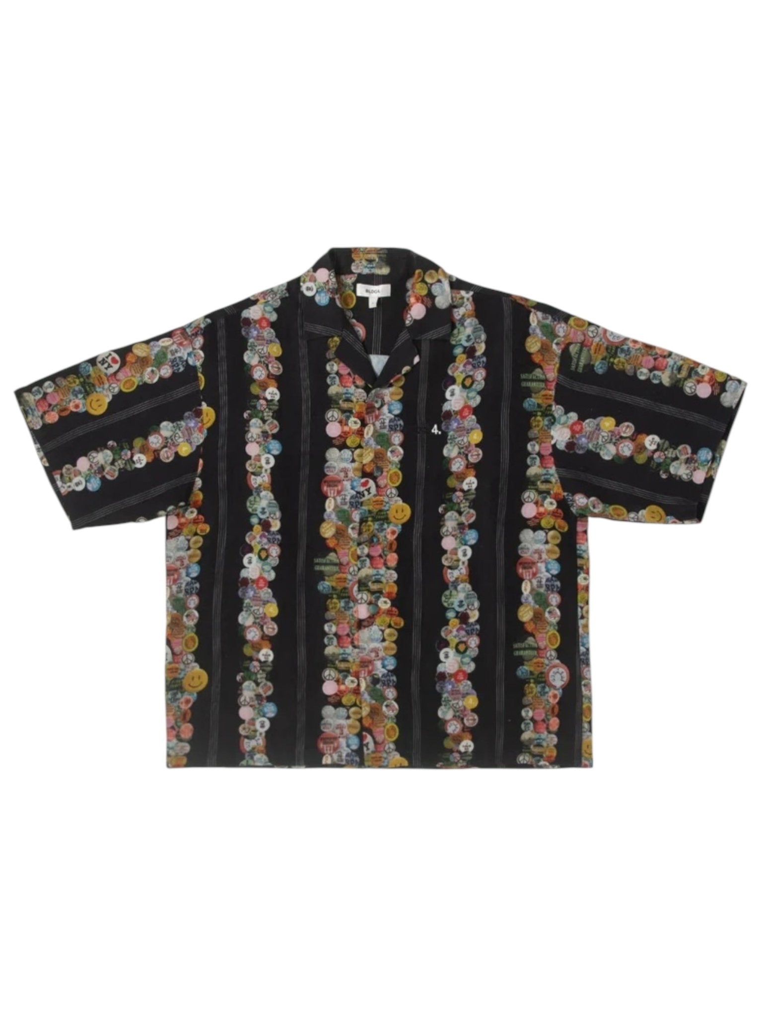 BLDG4 I love Bldg4 SS Woven Black: a short-sleeved black shirt by BLDG4 with colorful circular stripes, crafted from a soft linen-rayon blend.