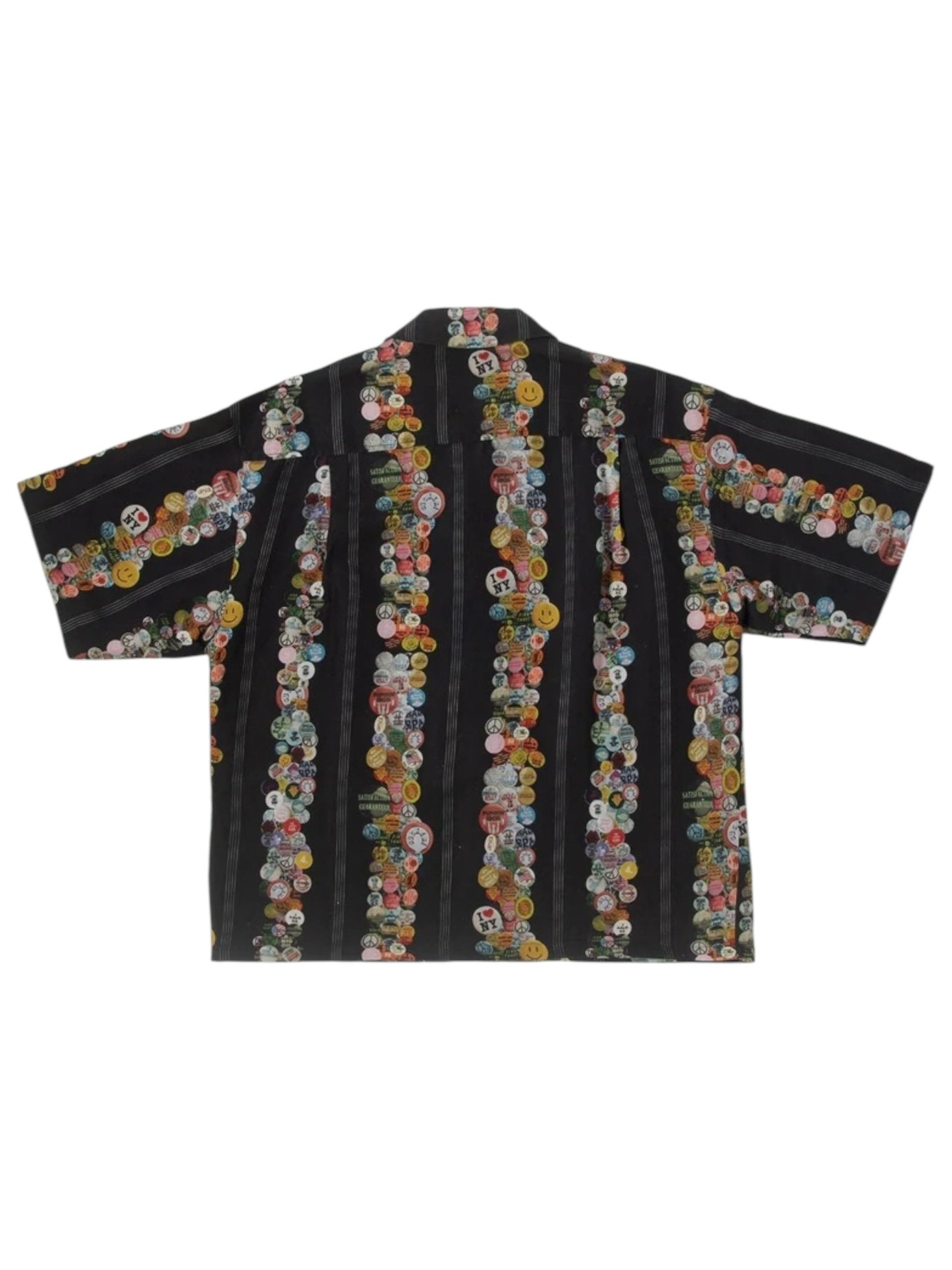 The BLDG4 I love Bldg4 SS Woven Black shirt features a black base with vertical stripes of multicolored cartoon face buttons, crafted from a comfortable linen-rayon blend.