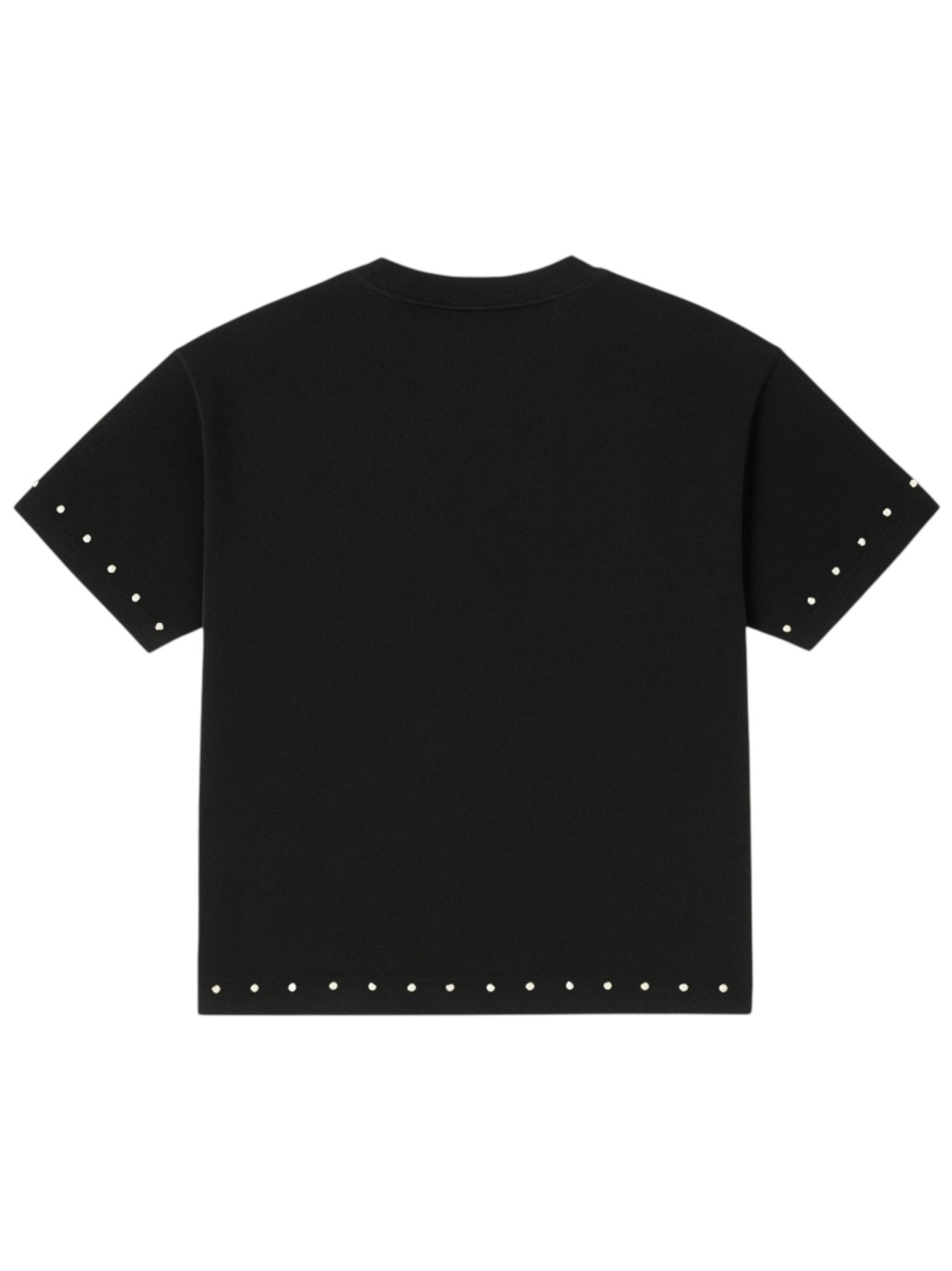 The BLDG4 Polished SS Knit Black tee by BLDG4 is made from 100% cotton, featuring silver stud accents and pearl rivets on the sleeve edges and hem, displayed against a plain white background.