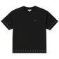The BLDG4 Polished SS Knit Black tee by BLDG4 is made from 100% cotton, with a small white "4." on the left chest and silver pearl rivets on the sleeves and hem.
