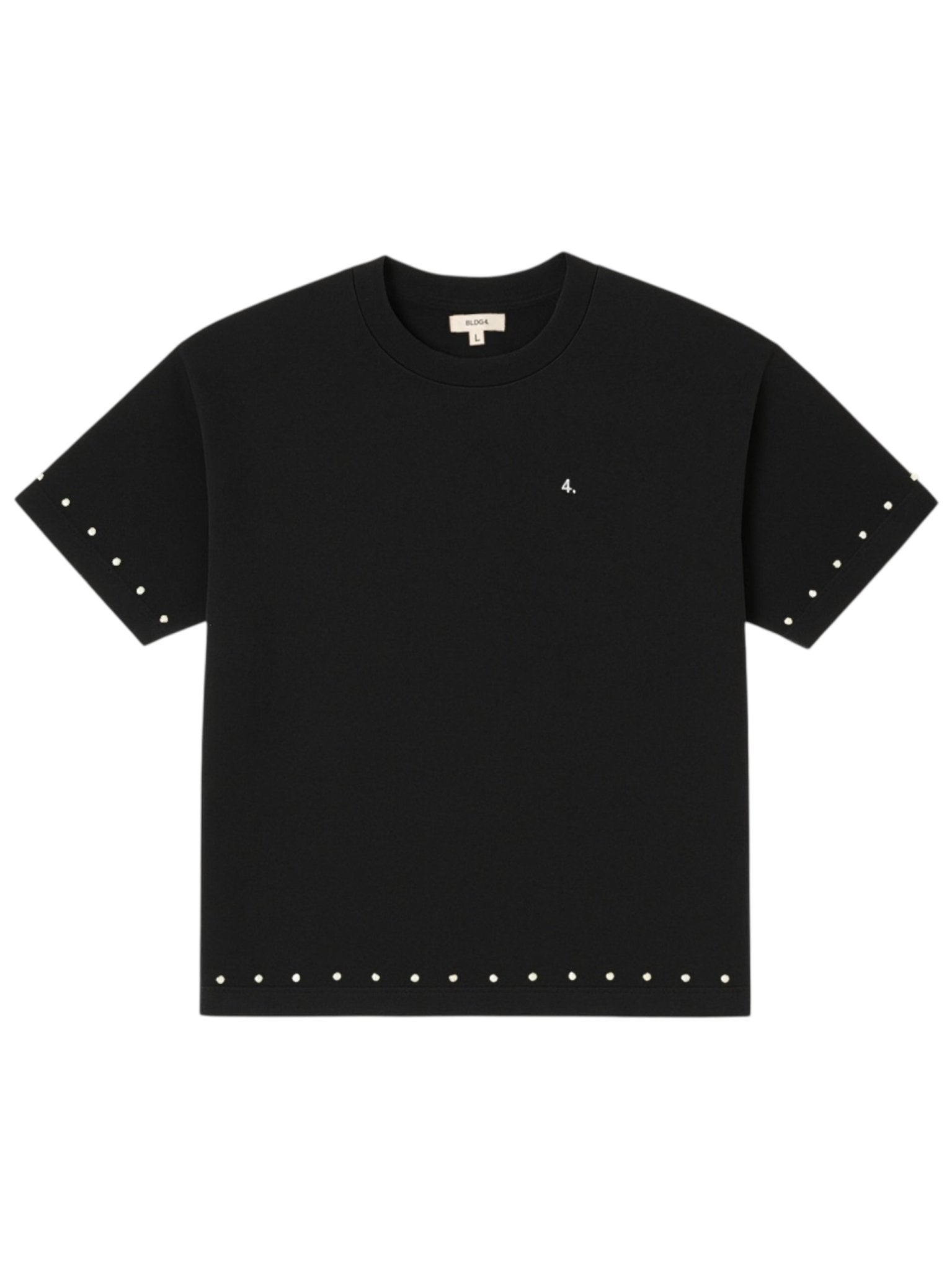 The BLDG4 Polished SS Knit Black tee by BLDG4 is made from 100% cotton, with a small white "4." on the left chest and silver pearl rivets on the sleeves and hem.