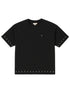 The BLDG4 Polished SS Knit Black tee by BLDG4 is made from 100% cotton, with a small white "4." on the left chest and silver pearl rivets on the sleeves and hem.