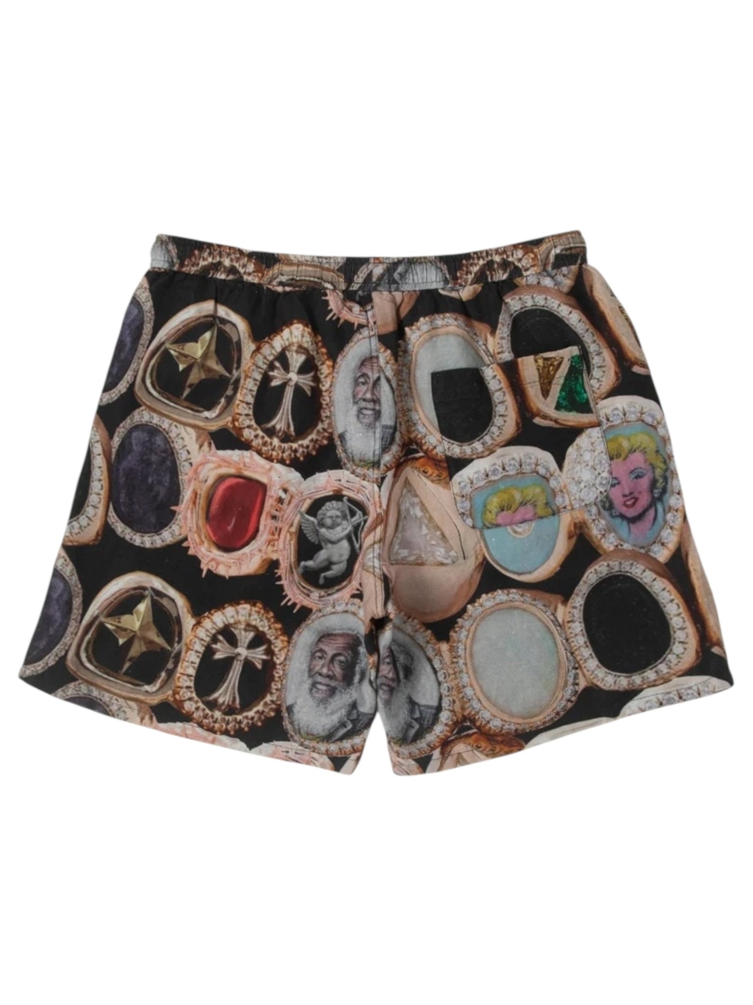 The BLDG4 Smile Short Black by BLDG4 features an all-over print of gemstone rings, portraits, and designs on a black background, plus an adjustable waist for comfort.