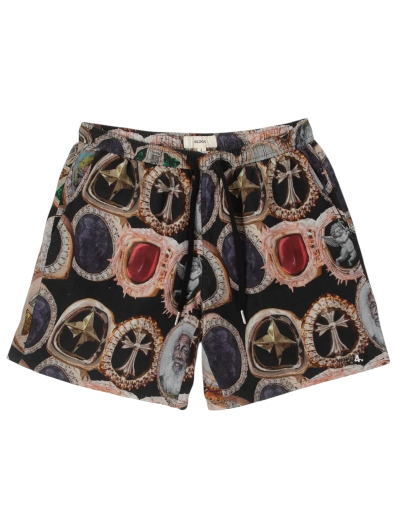 BLDG4 Smile Short Black by BLDG4 features an adjustable waist, drawstring, and a vibrant all-over gemstone ring print on sleek black fabric.