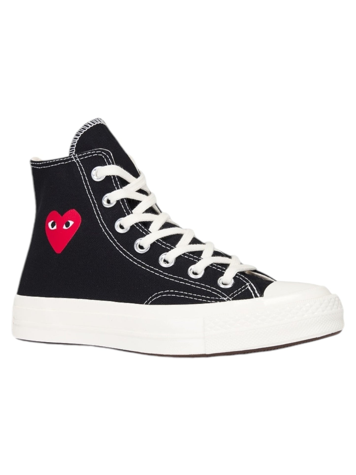 Product Description: The Comme des Garcons A08801C Small Red Heart High Top Black sneaker by COMME DES GARCONS features a black canvas upper with white laces and a rubber sole, highlighted by a small red heart with eyes on the side.