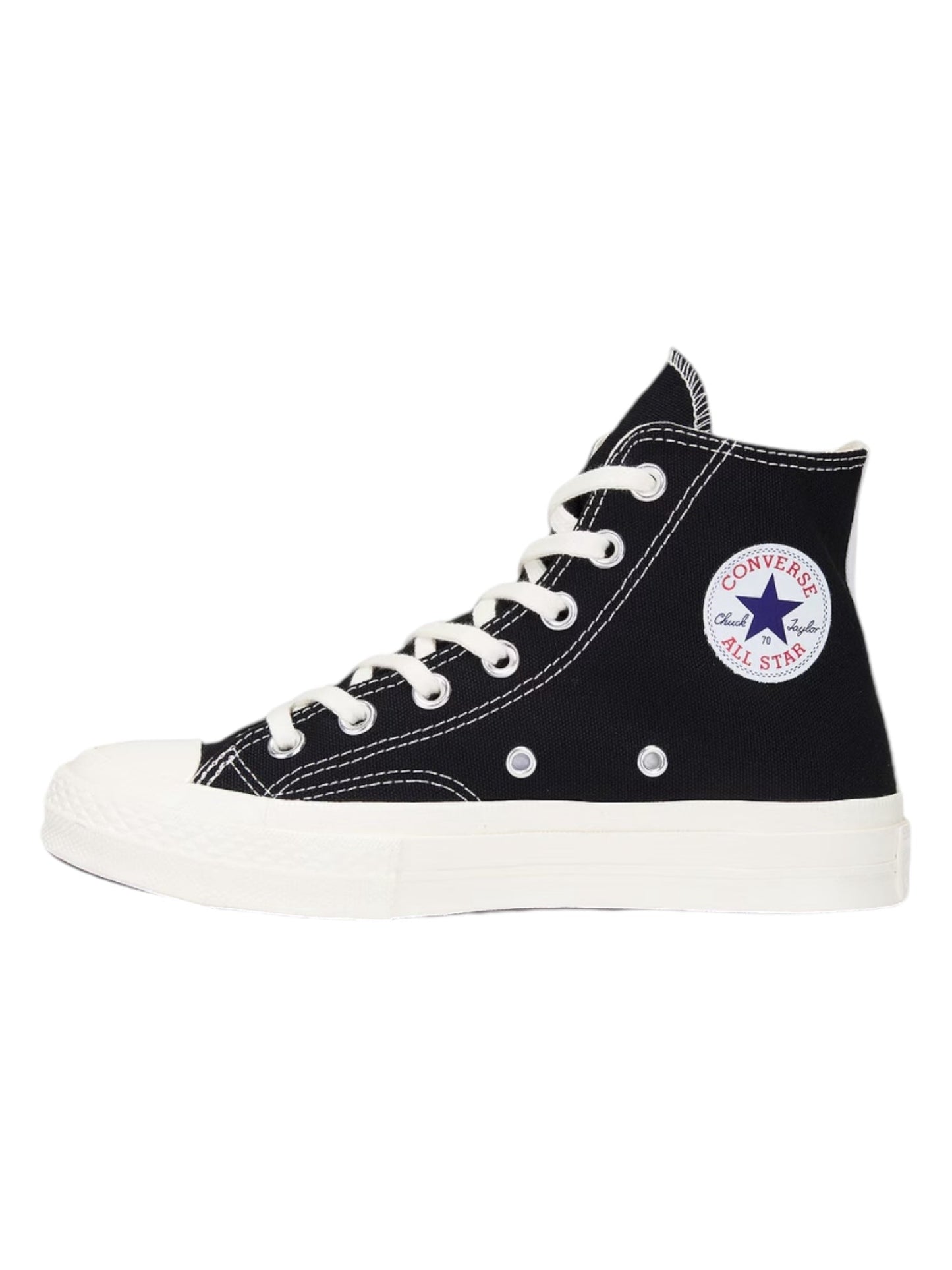 The Comme des Garcons A08801C Small Red Heart High Top Black sneaker features a canvas upper, white laces, and a durable rubber sole, adorned with the iconic "Converse All Star" logo patch on the side.