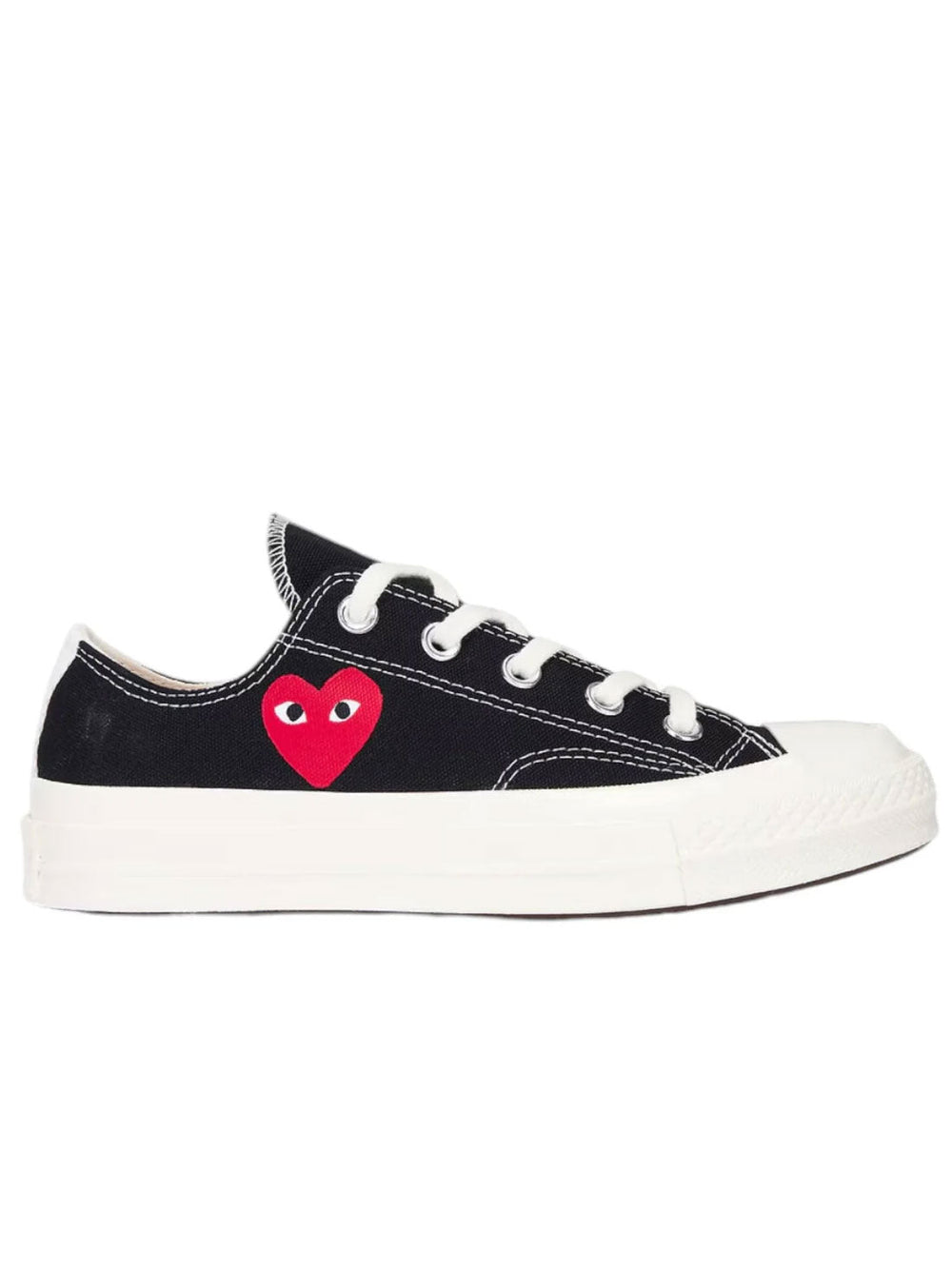 The Comme des Garcons A08804C Converse Small Red Heart Low Top Black sneaker by COMME DES GARCONS X PLAY features a canvas upper, white laces, rubber sole, and a side design with a red heart and eyes.