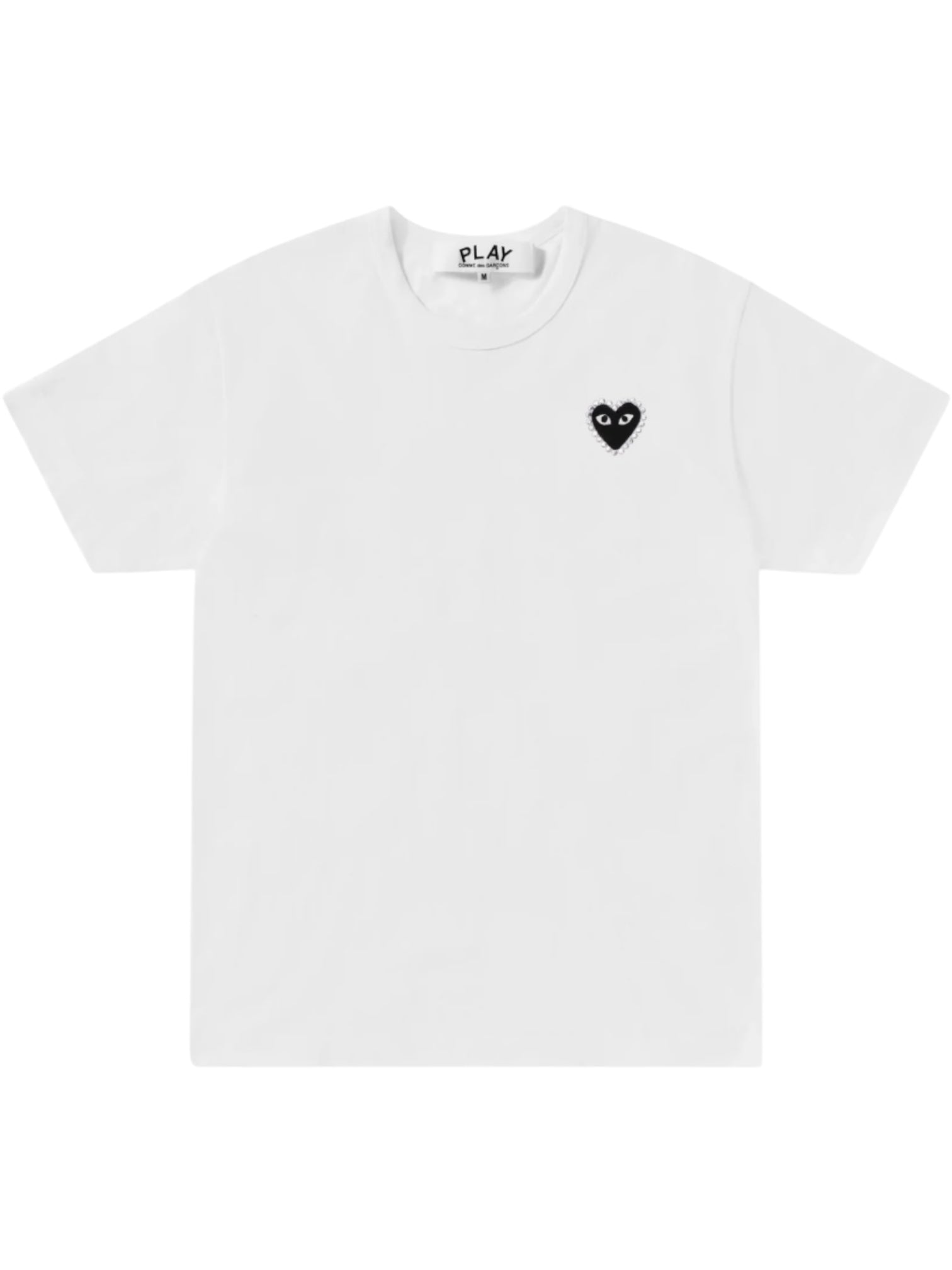 The COMME DES GARCONS X PLAY P1T801 T-SHIRT features a white short-sleeve design with a small black rhinestone heart logo with eyes on the left chest.