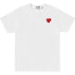 The COMME DES GARCONS X PLAY P1T801 T-Shirt features a white base with a red rhinestone heart logo on the chest and a visible "PLAY" neck tag.