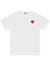 The COMME DES GARCONS X PLAY P1T801 T-Shirt features a white base with a red rhinestone heart logo on the chest and a visible "PLAY" neck tag.