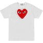 The Comme des Garcons P1T803 T-SHIRT LOGO STUD WHITE by COMME DES GARCONS X PLAY is a white 100% cotton tee featuring a large heart logo with eyes and black dash outlines on the chest.